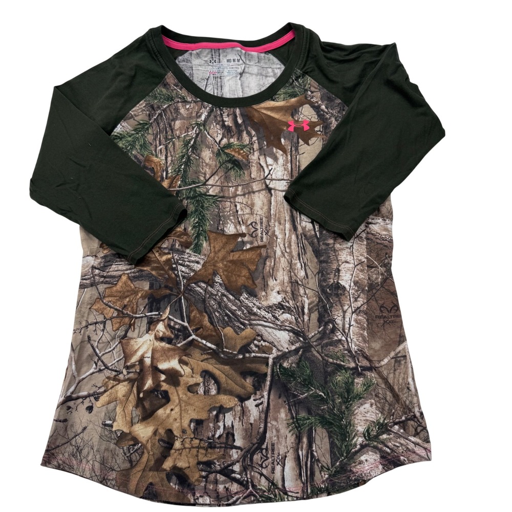 Under Armour Womens Realtree Camo 3/4 Sleeve Raglan Top Green Pink Medium